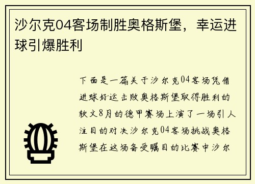 沙尔克04客场制胜奥格斯堡，幸运进球引爆胜利